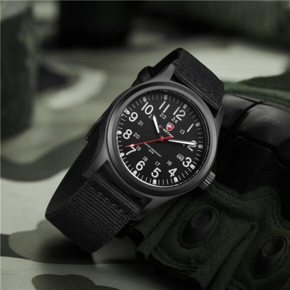 Men’s Military Watch Easy to Read Waterproof with Nylon Strap, Full Black - Picture 5 of 7
